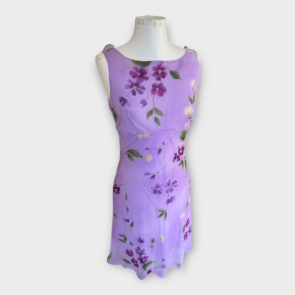 Vintage 90s Just Choon USA Purple Floral Empire Waist Dress Sheer Overlay sz 9 - Picture 11 of 12